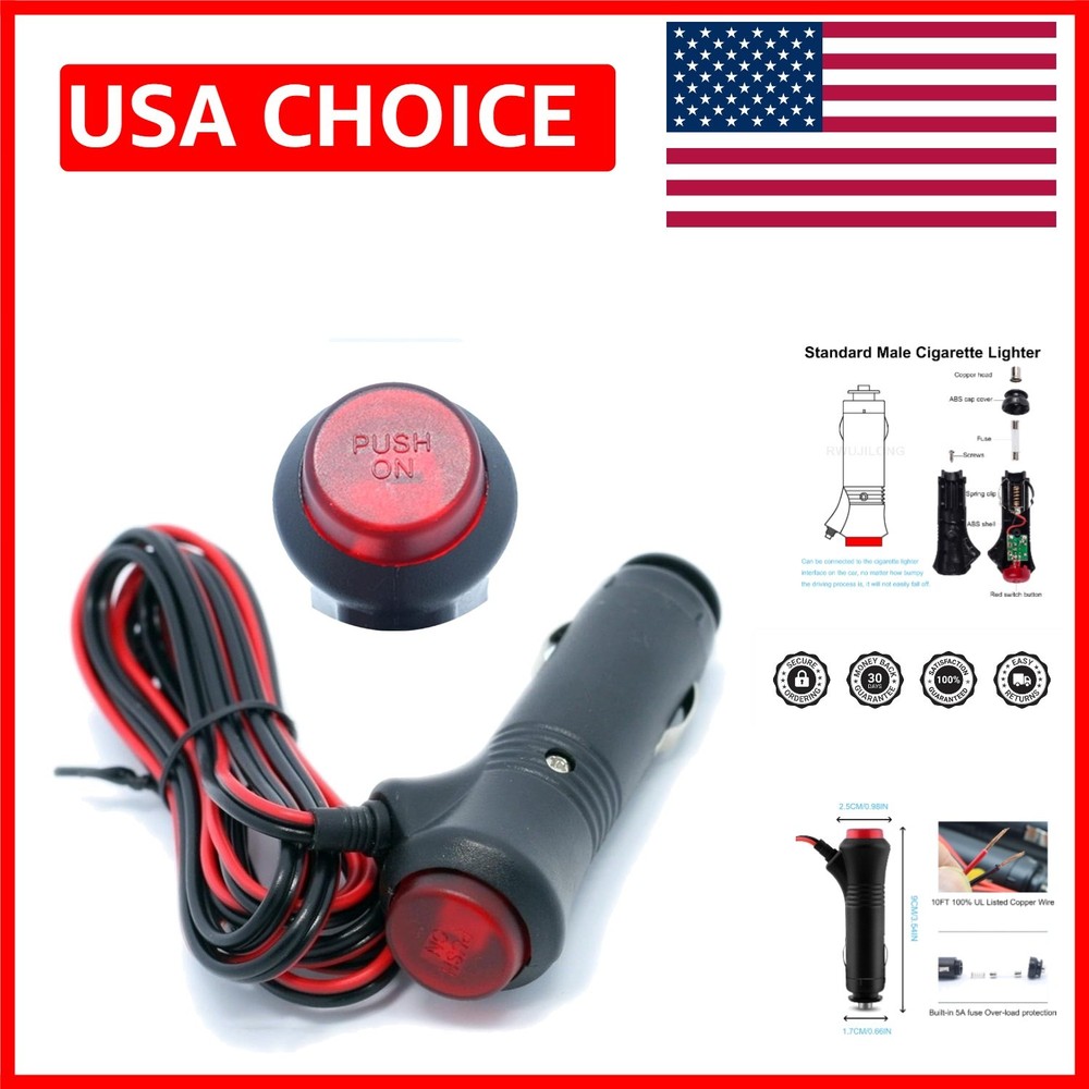 10FT 12V Male Cigarette Lighter Adapter - Convenient Switch & Indicator Light