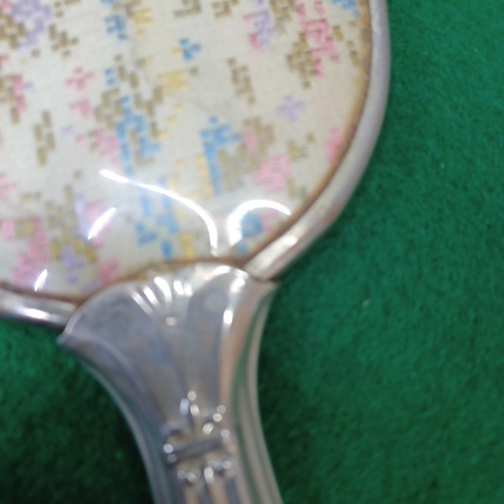 Vintage Hand Held Vanity Mirror Needlepoint Print On Back