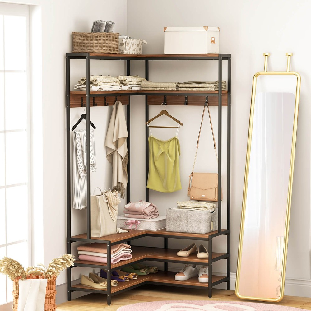 Corner Garment Rack w/ Open Shelves & 7 Hooks Shoe Bench Solid Metal Frame