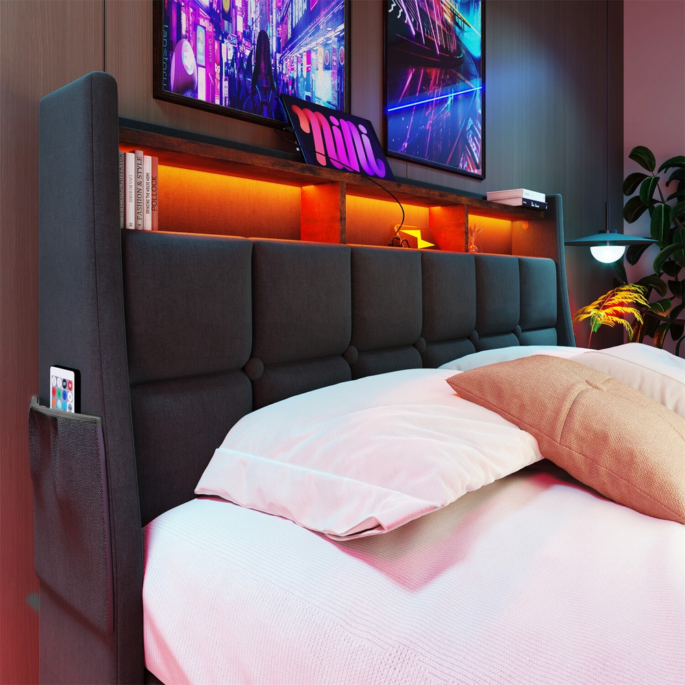 Queen Size LED Bed Frame Upholstered Platform Bed w/ Hydraulic Storage System