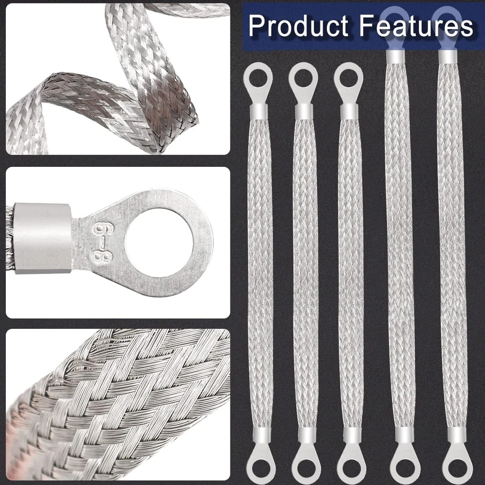 10X Universal Engine Automotive Ground Strap Connector Flat Braided Copper Cable