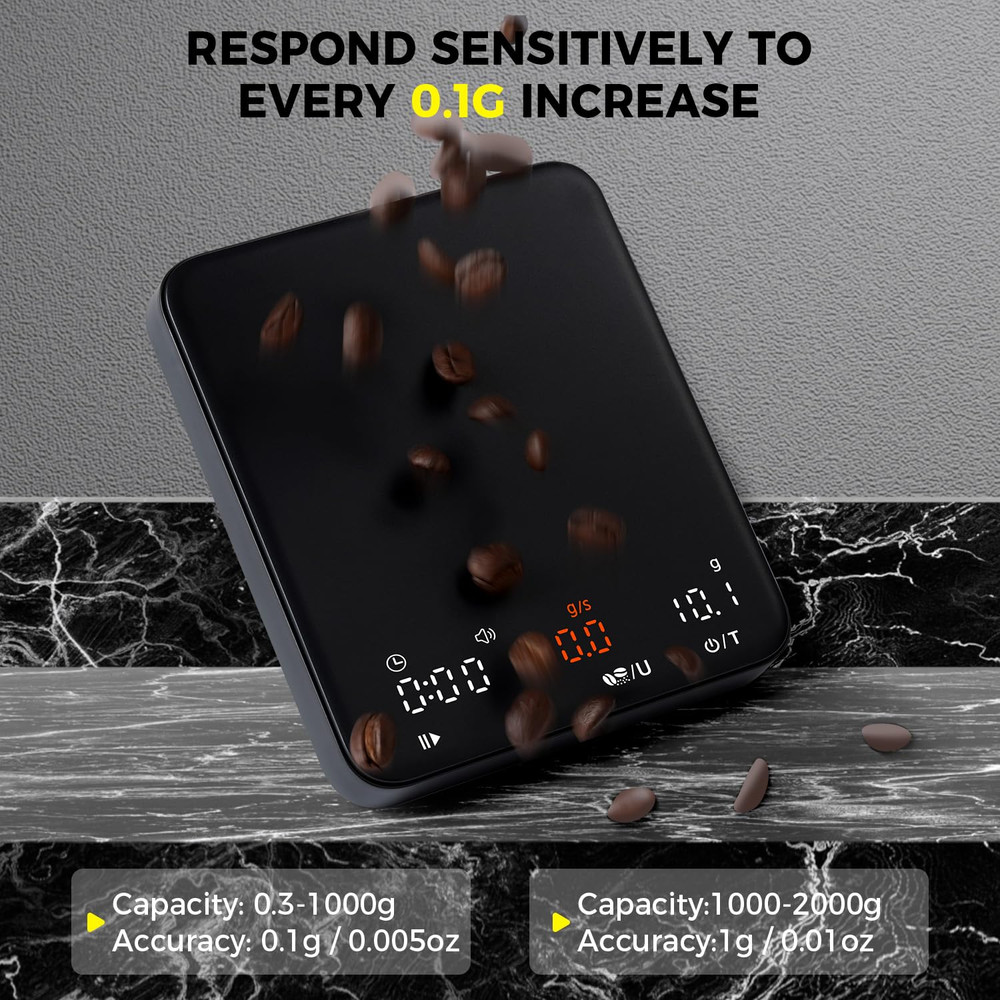 Mini Espresso Coffee Scale with Timer & Flow Rate, 2Kg/0.1G Precision Digital Co