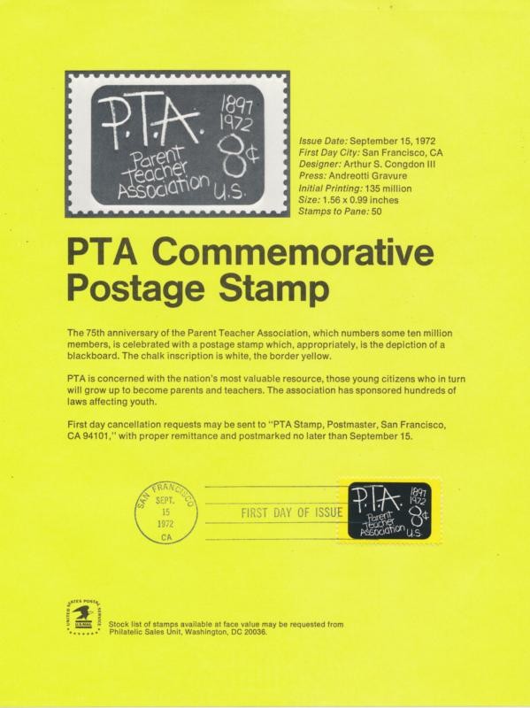USPS 1463 PTA 1972 SOUVENIR PAGE