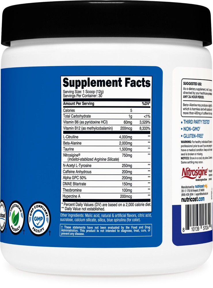 Nutricost Pre-Workout Complex Powder (Blue Raspberry) 30 Serivings