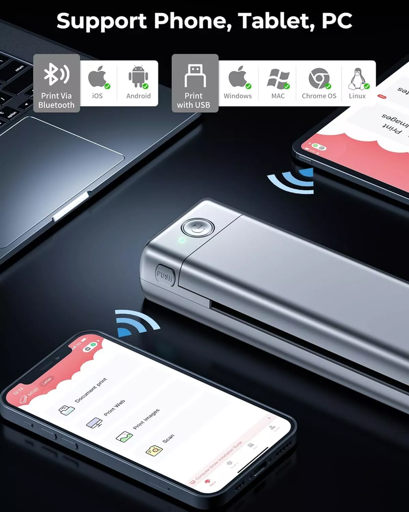 M08F Portable Bluetooth A4 Printer Inkless Thermal Printer for Android iOS PC