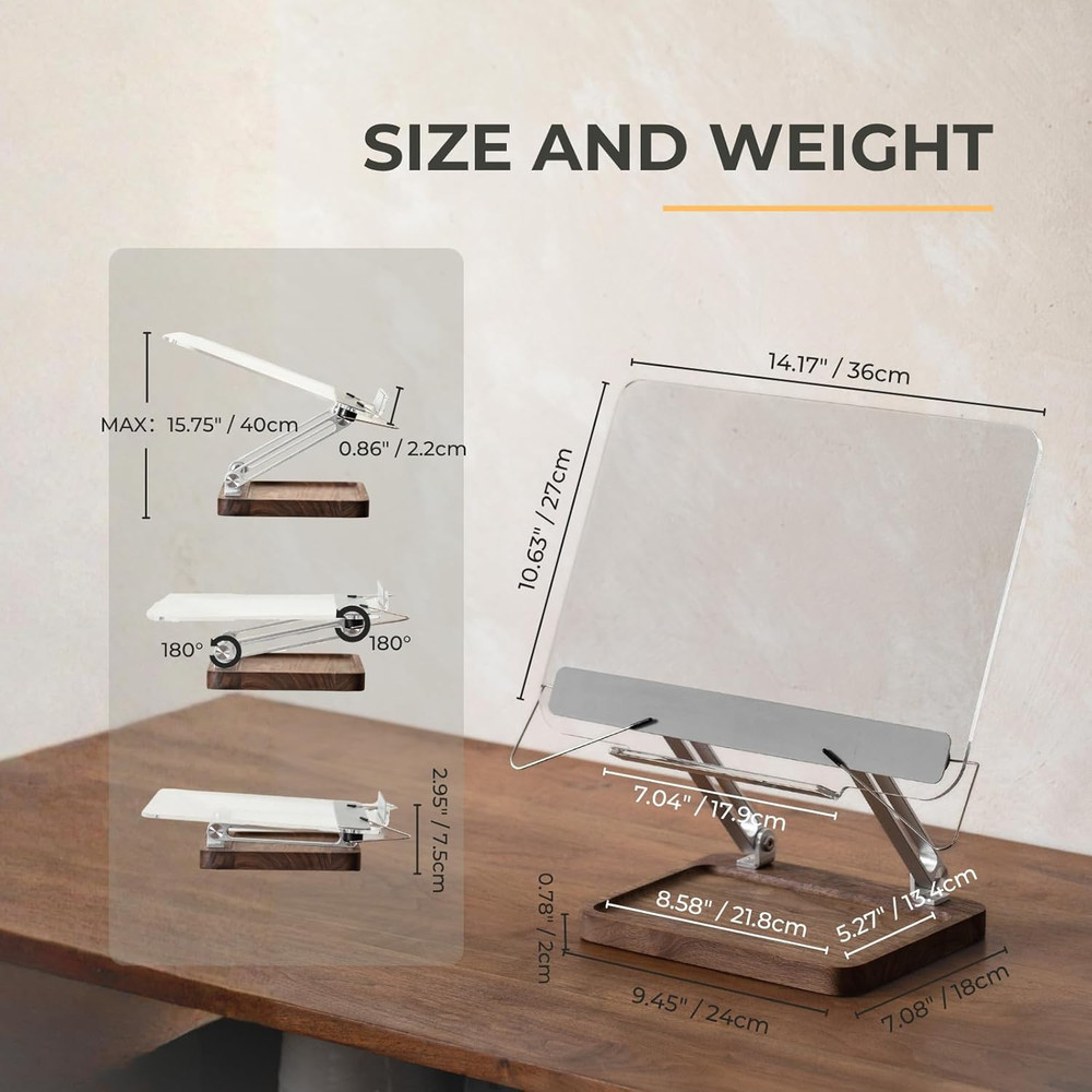 Adjustable Acrylic Book Stand with Walnut Storage for Cookbooks and Tablets