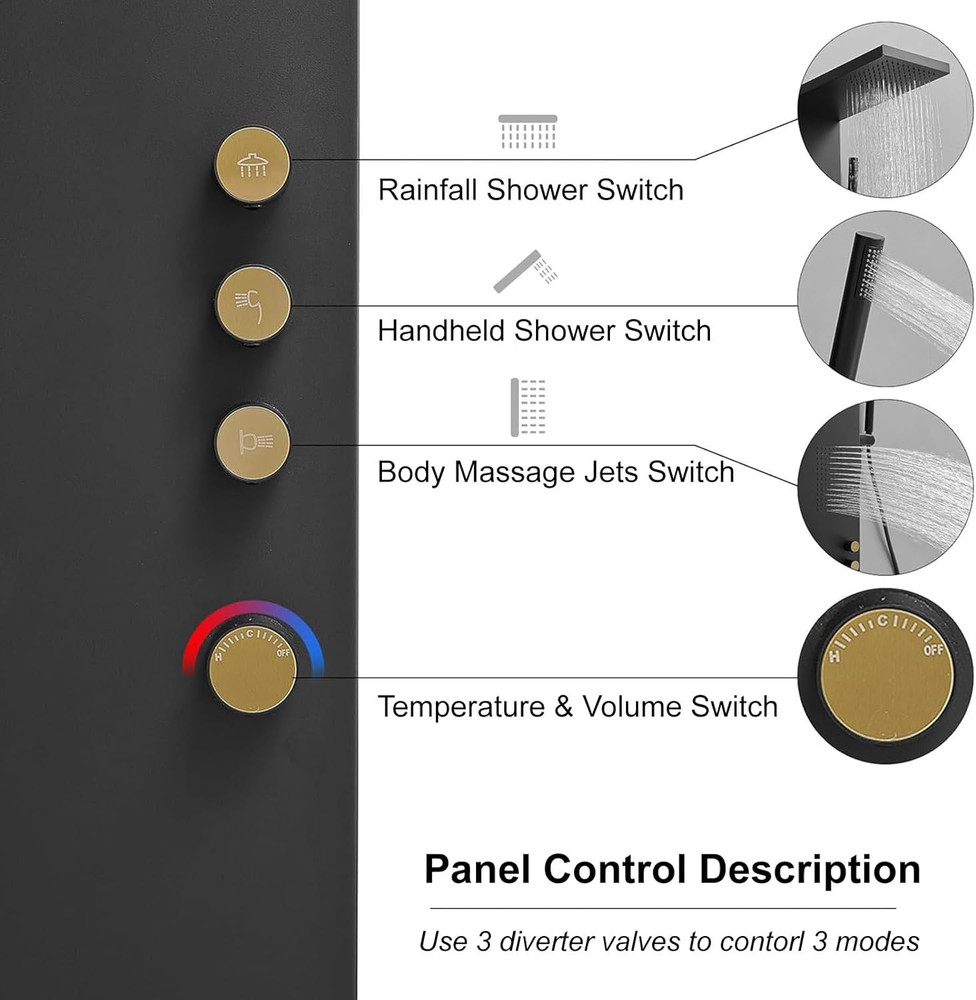 Black Stainless Steel Shower Panel with Rainfall, Jets & Handheld 3-Functions