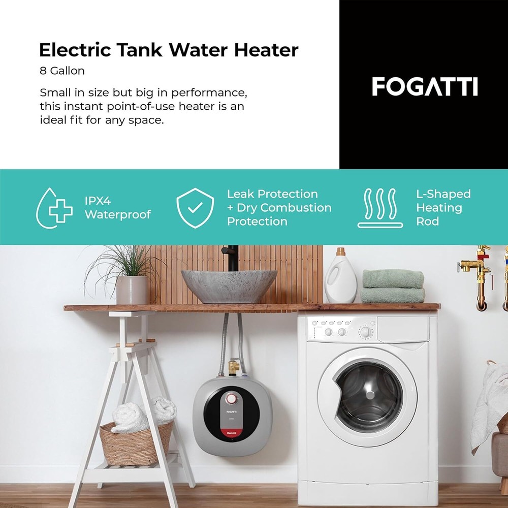 FOGATTI Mini Tank Water Heater Electric 8 Gallon Storage For Sink RV Kitchen
