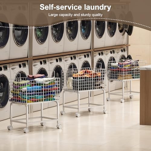 Wire Laundry Hamper Cart,80L Laundry Hamper Trolley with Medium Oblong-White
