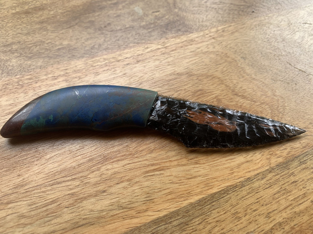 Custom Obsidian Knife. Tommy Masingale. Deep Blue Azurite Handle. Tripleflow