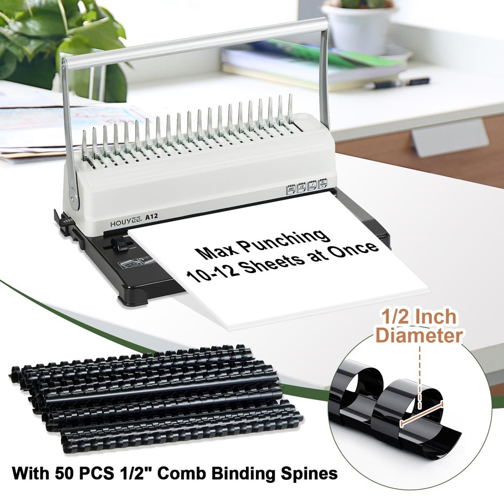 HOUYEE Manual Comb Binding Machine,19 Holes, 450 Sheets,Paper Punch Comb Bind...
