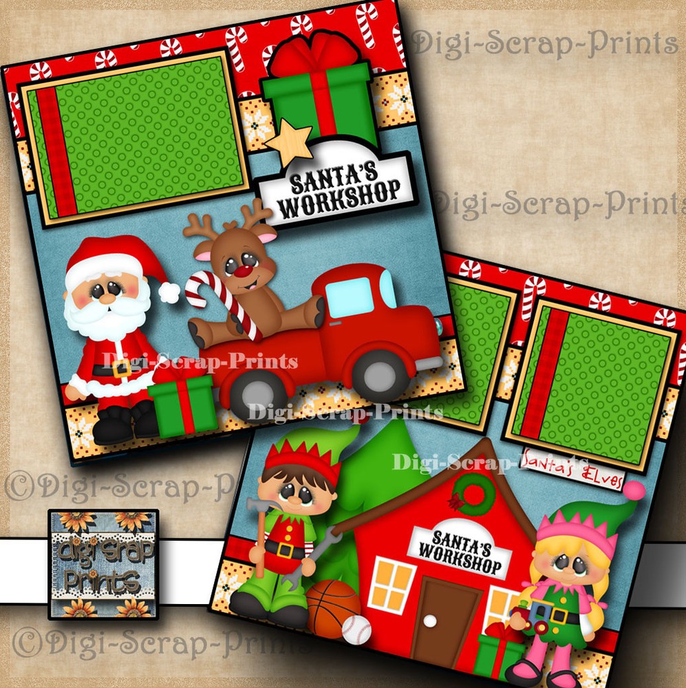 SANTA'S WORKSHOP ~ 2 premade scrapbook pages layout CHRISTMAS DIGISCRAP #A0160
