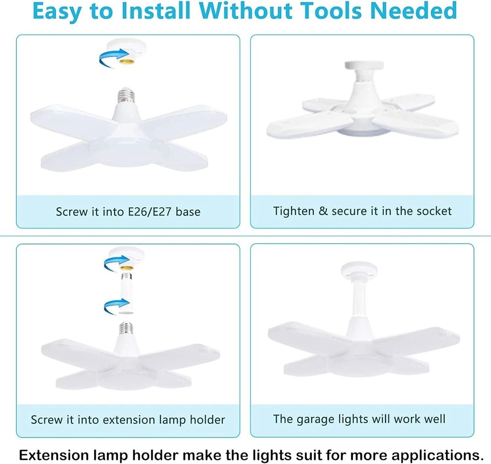 4 Pack LED Garage Lights, 6000LM 60W Deformable Shop Light W/ 4 Adjustable Panel