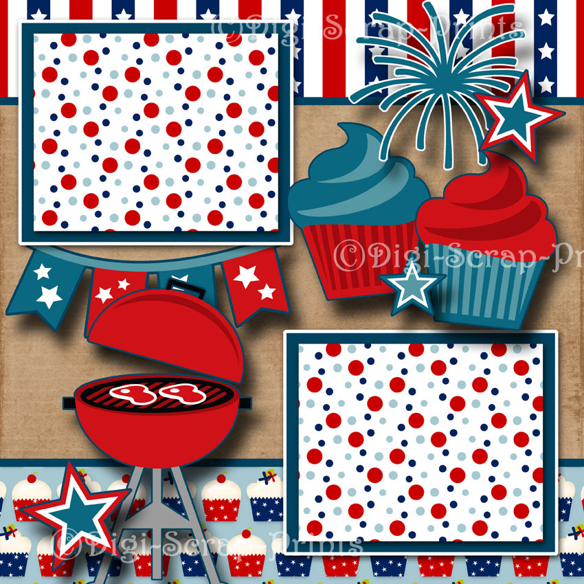 JULY 4TH ~ GRILL bbq 2 premade scrapbook pages paper piecing layout BY DIGISCRAP