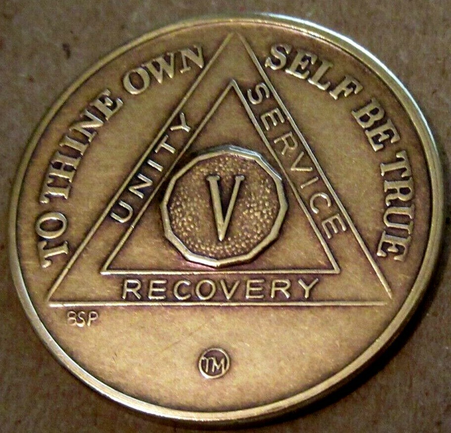 Alcoholics Anonymous AA 5 Year Bronze Medallion Chip token Sober Sobriety