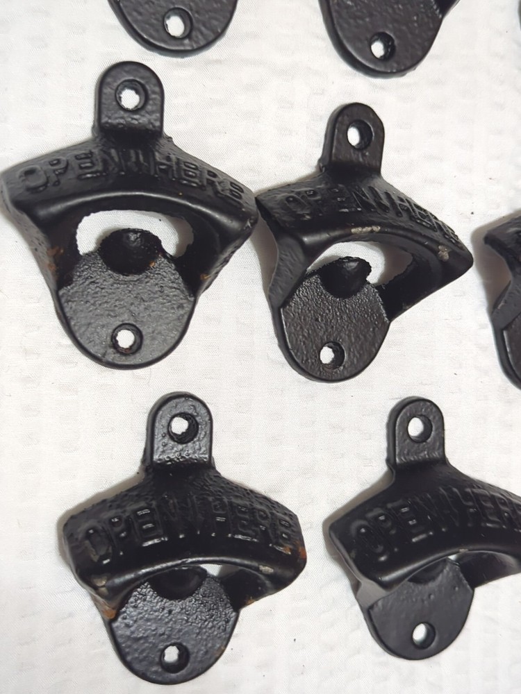 14 RUSTIC CAST IRON CAFE BAR WALL MOUNT "OPEN HERE" Black BOTTLE OPENERS Chipped