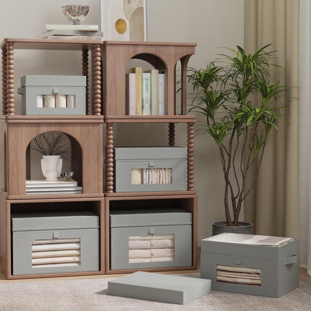 Foldable Storage Bin, Transparent Window Cube Organizer Basket with Lid and 2...