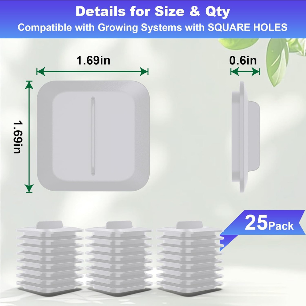 25 Pack Square Plant Spacer Kit for Hydroponic Growing System, Hydroponics Cover