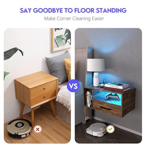 Floating Nightstand with Charging Station and LED Lights, Floating Rustic Brown