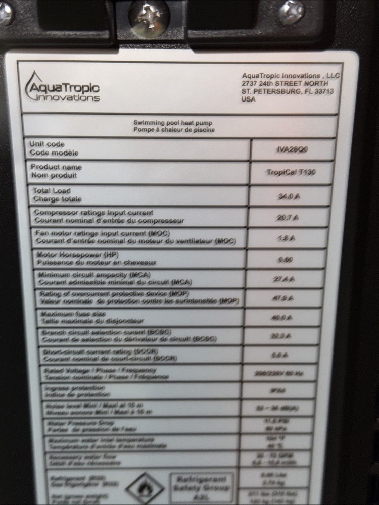 TropiCal T130 Pool Heater Heat Pump