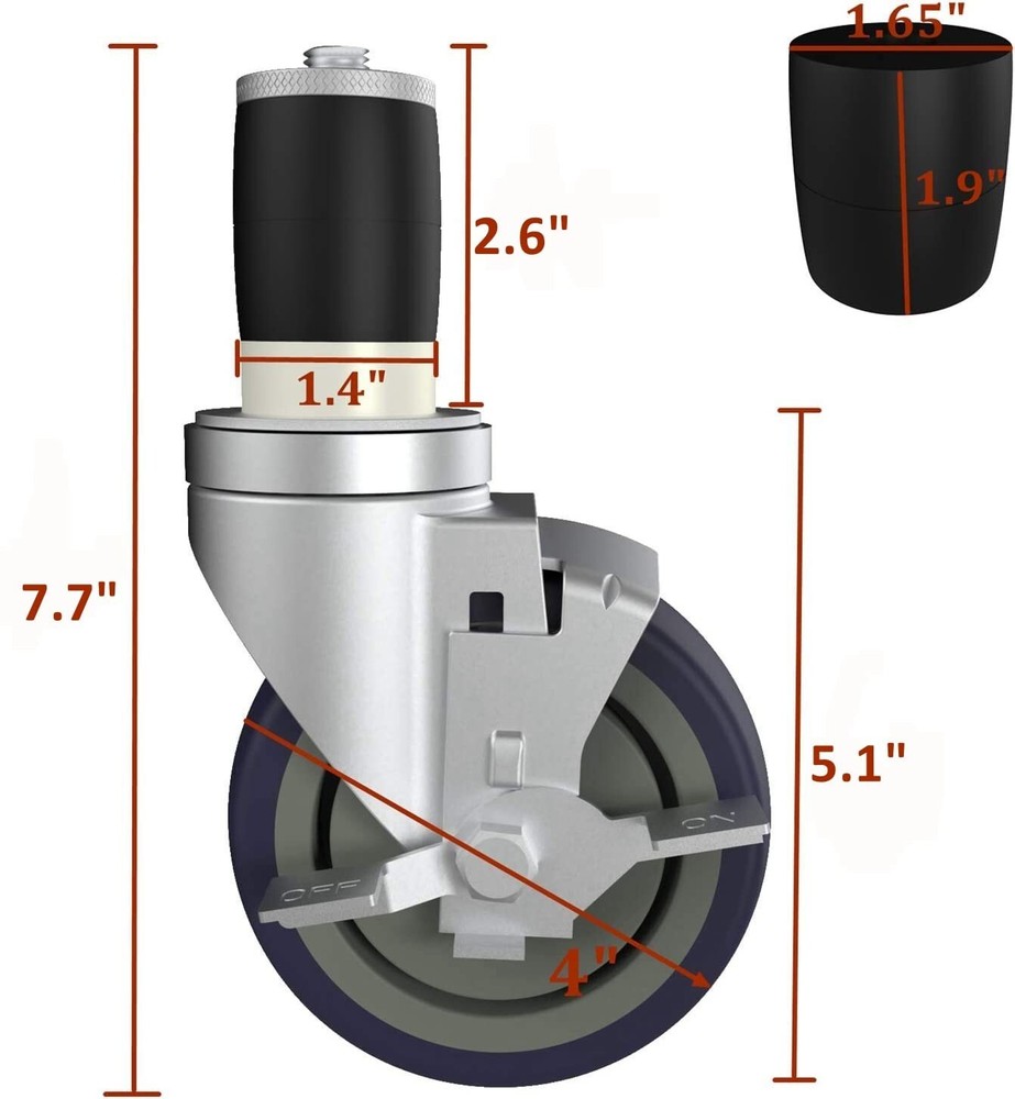 4 Inch Work Table Caster Wheels for Commercial Kitchen Prep Tables, Expanding