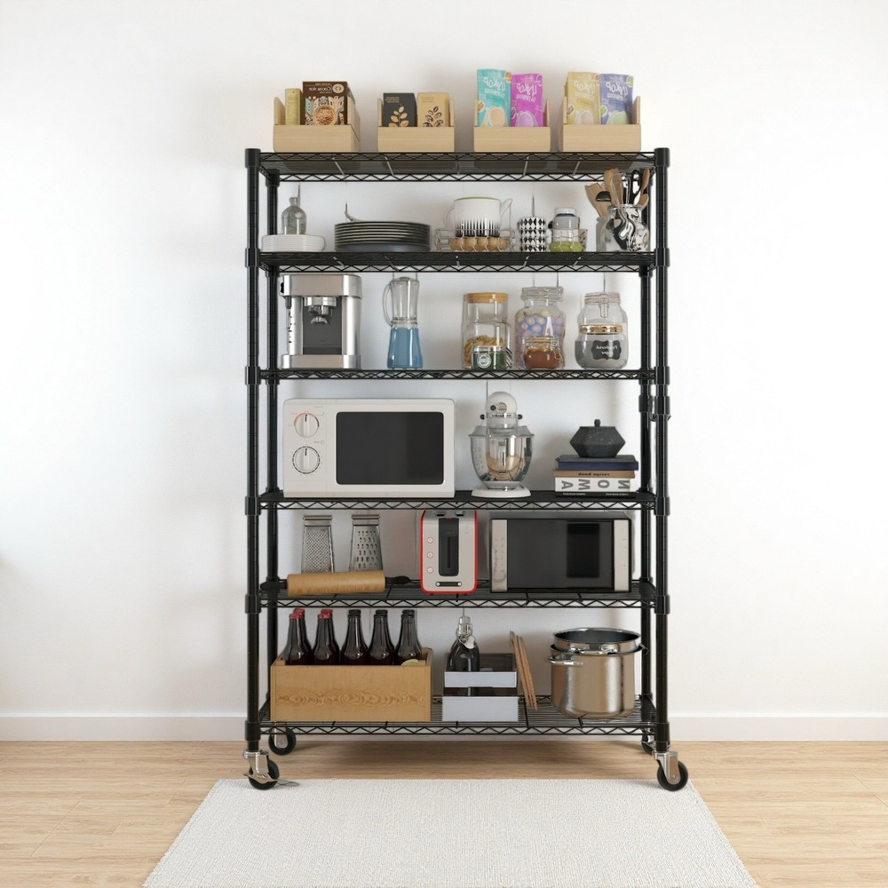 6-Tier Rolling Wire Shelving Unit - Heavy Duty, Adjustable, Black & Hooks