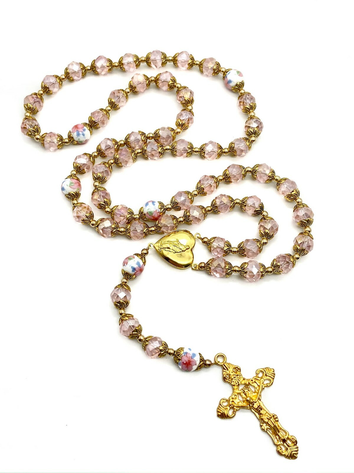 Pink Crystallized Beads Gold Rosary Catholic Holy Mary Locket Medal & Crucifix