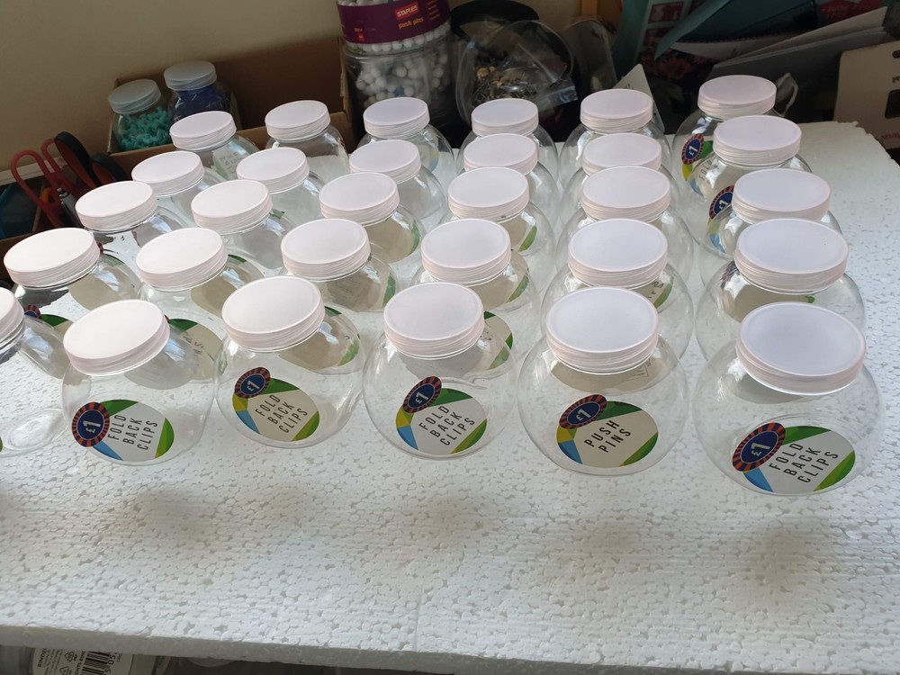 50 Small Clear Round EMPTY Plastic Bottles off white Lids Props Display ReUse