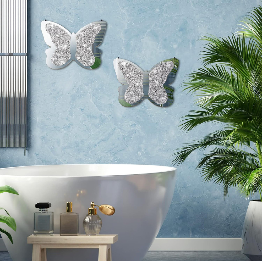 2 Pieces Butterfly Shaped Mirror Crystal Crushed Diamond Silver Mirror Silver Wa