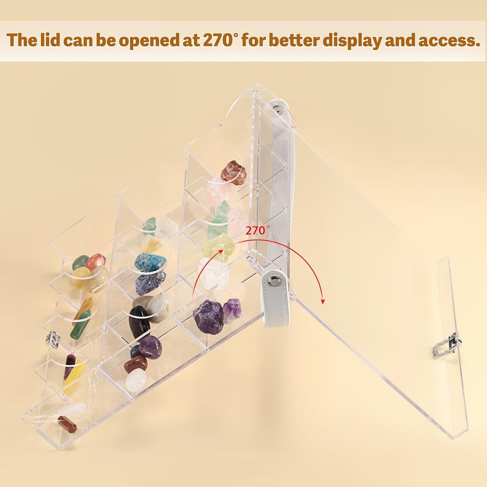ELLDOO Adjustable Rock Display Case with PU Handle, 12 Compartments Clear Acr...