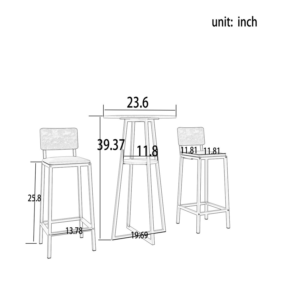 3 Piece Bar Table Set Counter Height Kitchen Round Dining Table w/ 2 Bar Chair