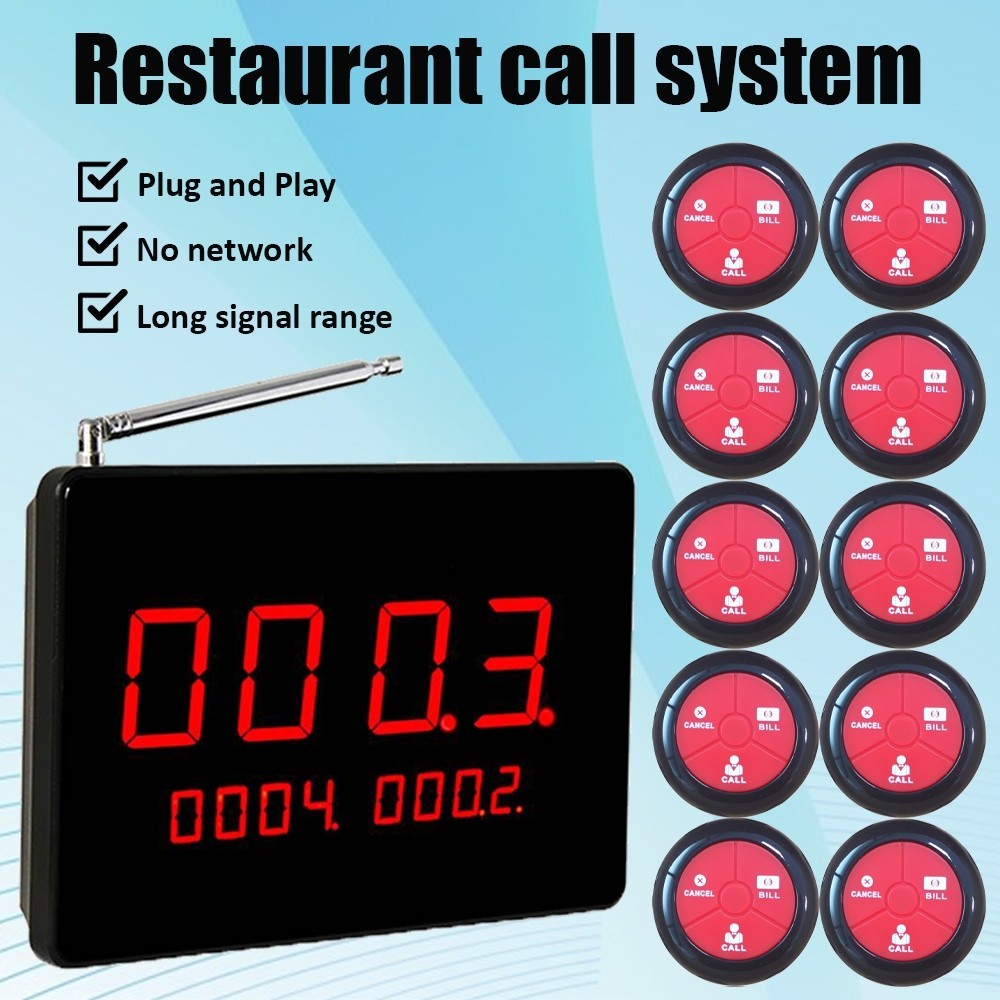Wireless Restaurant Call System 3-Digit Display 10 Waterproof 3-Key Call Buttons