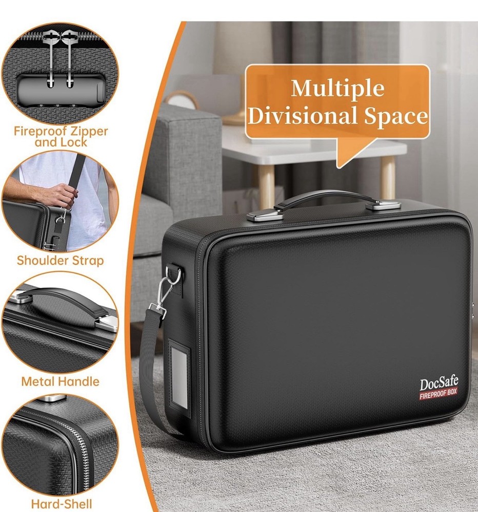 DocSafe Fireproof Document Box with Lock＆Shoulder Strap, Hard-Shell Case--BLUE