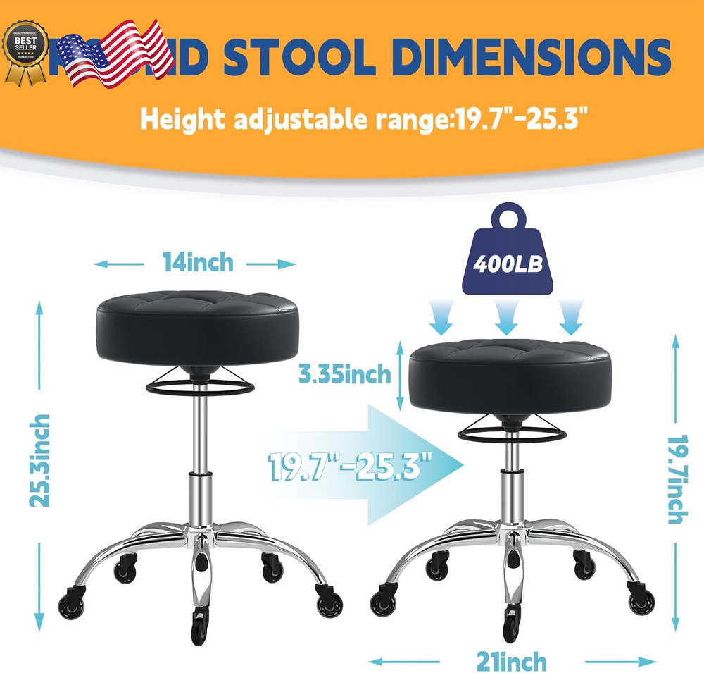 Rolling Stool Heavy Duty 400Lb Super Soft Seat Cushion Height Adjustability