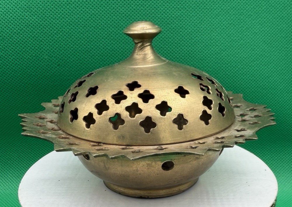 VTG Mini Solid Brass  Incense Burner Small Marked INDIA  Round W/ Pierced Lid