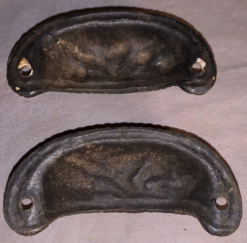 Great Set 2 Antique Cast Iron Bin Cabinet Pulls Floral Design