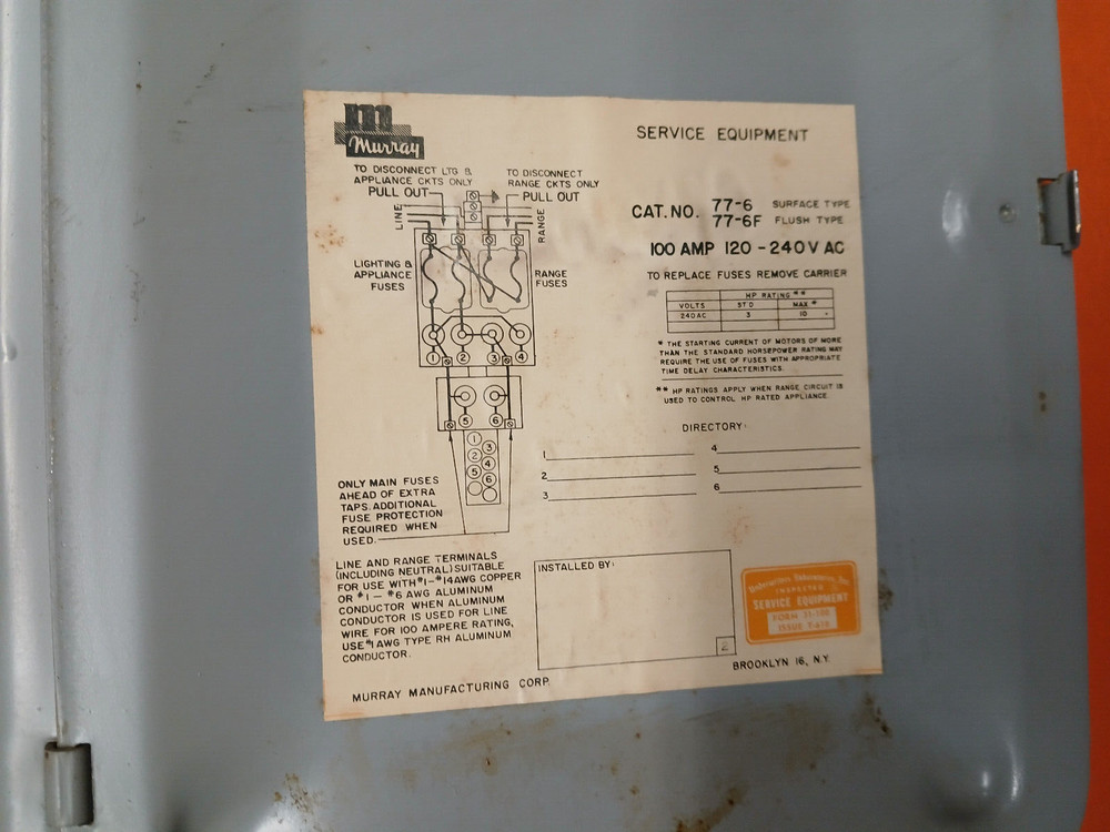 Murray 100 Amp 6 Space Fuse Panel Cover 77-6