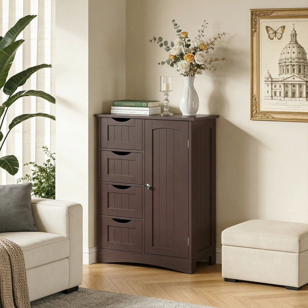Brown Bathroom Storage Cabinet with Adjustable Shelf Floor Storage Cupboard