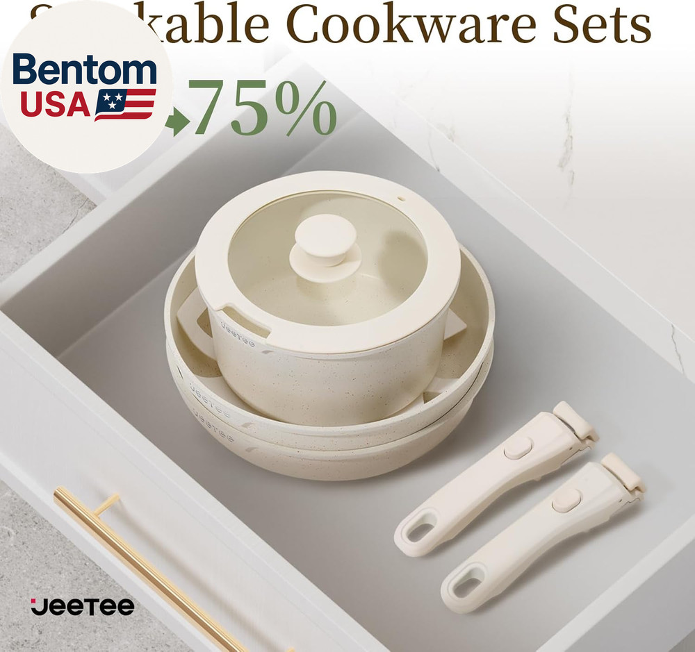 Pots and Pans Set Non Stick 17Pcs, Kitchen Cookware Sets with Detachable Handle,