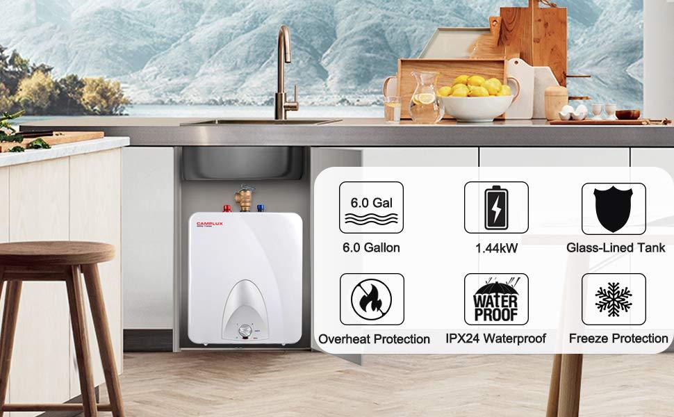 Camplux ME60 Mini Tank Electric Water Heater 6-Gallon,1.44kW at 120 Volts