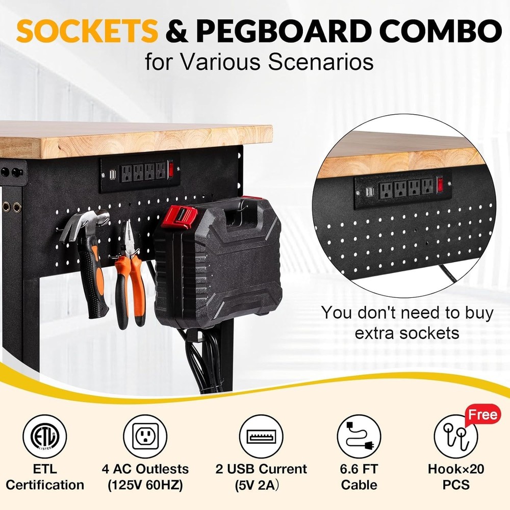 60" Workbench with Drawers, Adjustable Height Work Table, 2000 LBS Heavy-Duty,