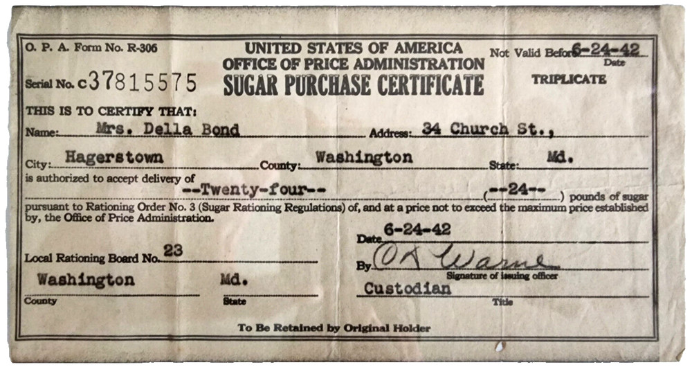 Vintage 1942 WWII OPA Sugar Purchase Certificate Rationing Document