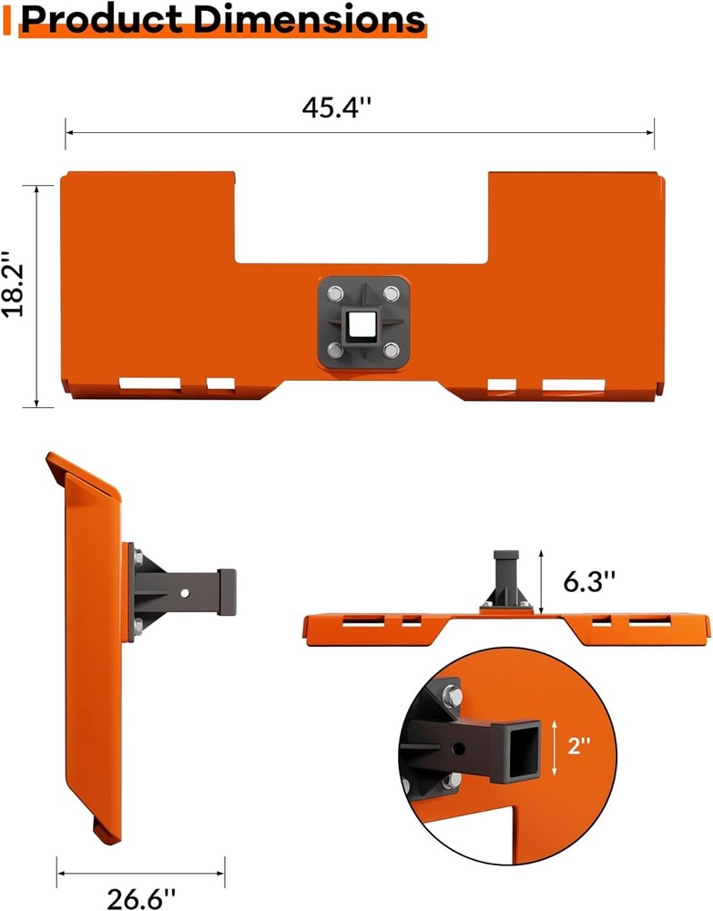 3/8" Thick Skid Steer Mount Plate Quick Attach W/ 2" Removable Hitch Orange