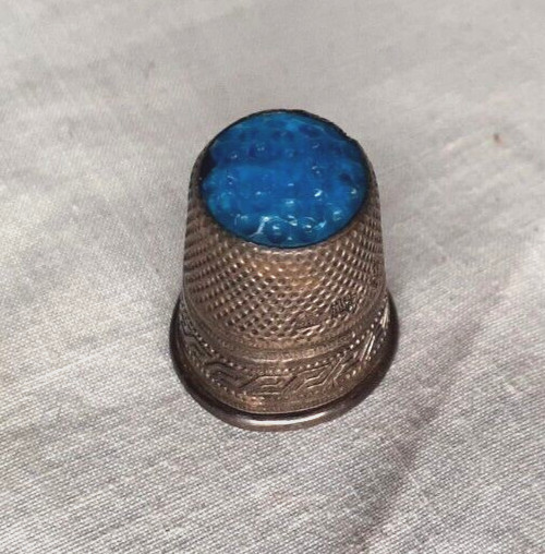 Vintage Solid Silver BLUE CROWN STONE TOP THIMBLE Germany Size 9 Chasing Scrolls