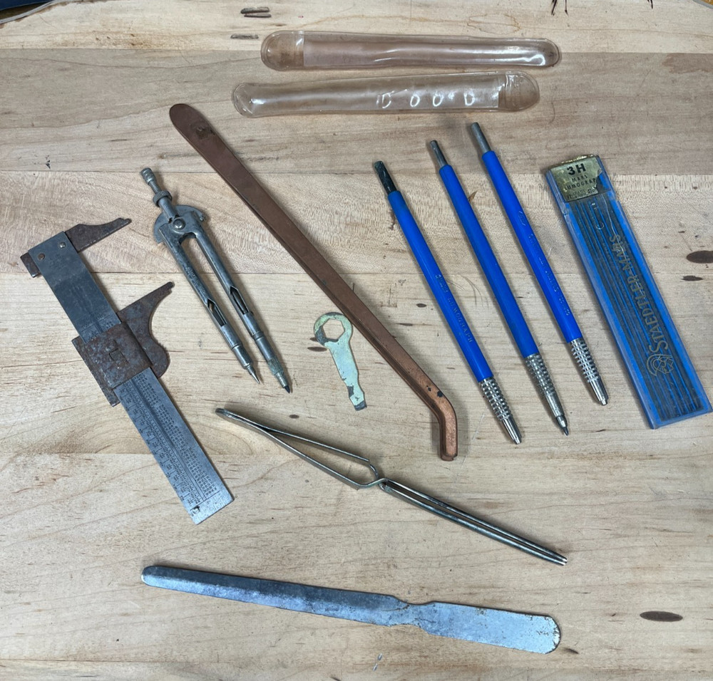 Vintage Pocket Caliber, Compass, 3H Mechanical Pencils, Tools
