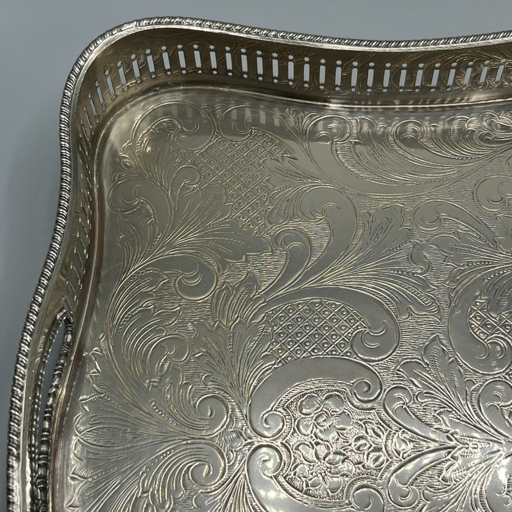 Vintage Silver Plate Footed Gallery Serving Tray Rectangular Serpentine Cocktail