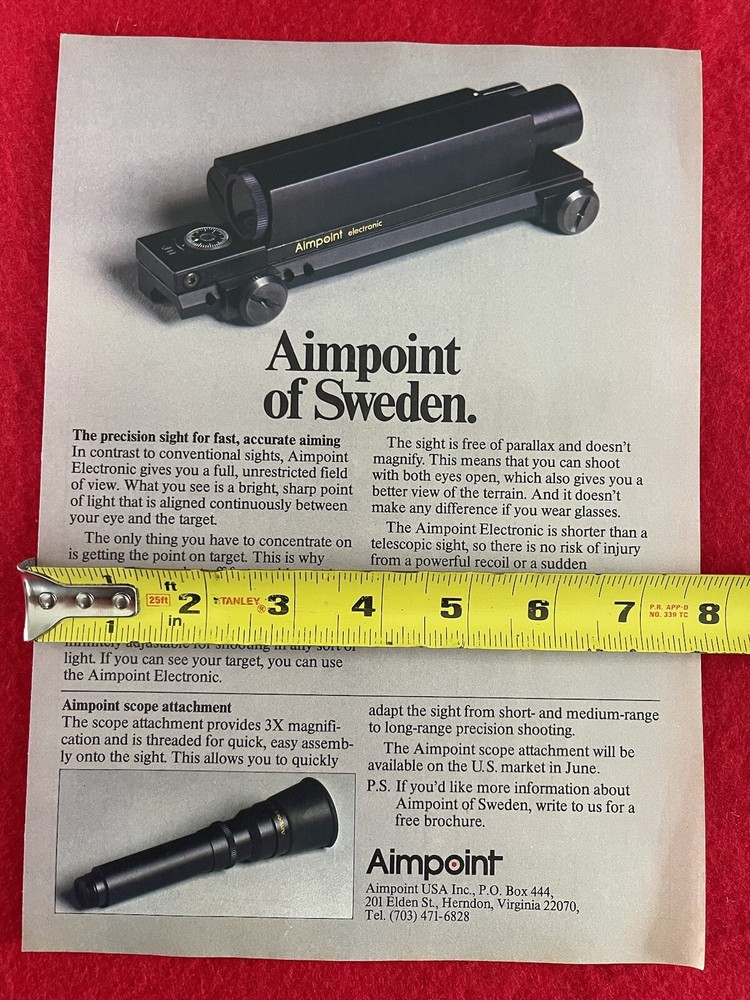 Vintage 1980 Aimpoint Precision Hunting Sight Print Ad