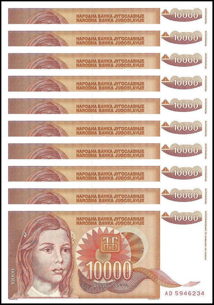 Yugoslavia 10000 Dinara, 1992, P-116a, UNC X 10 PCS