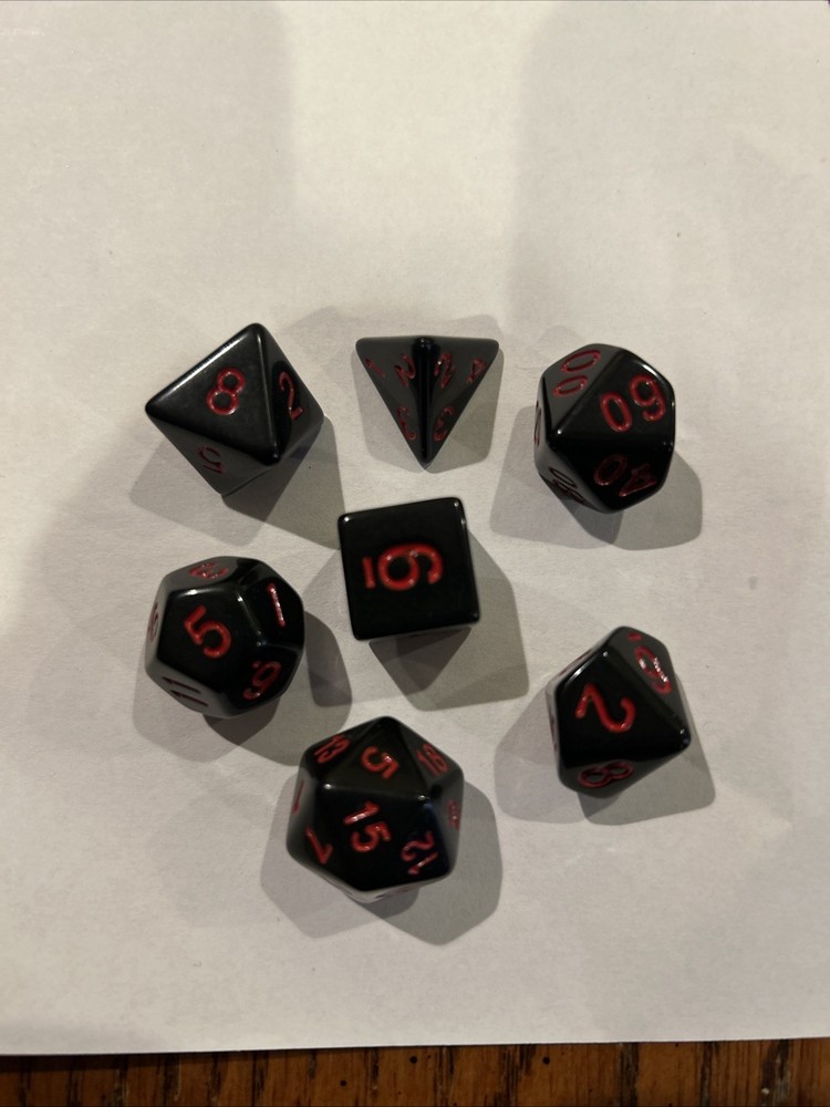 D&D 7 Piece Dice Set Black With Red Numbers