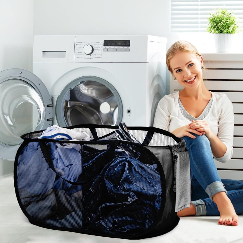 Durable Collapsible Laundry Basket - 2 Compartments for Easy Sorting & Travel